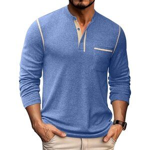 Coofandy Men Blue Henley Long Sleeve Pullover Button T-Shirt  with Pocket